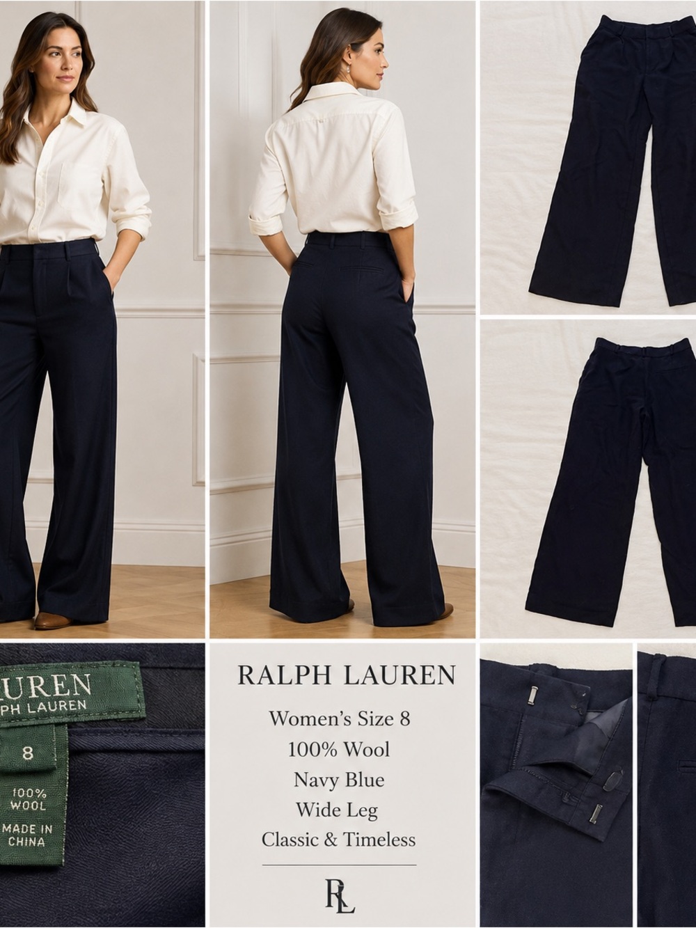 Ralph Lauren Navy Blue Wide-Leg Wool Pants